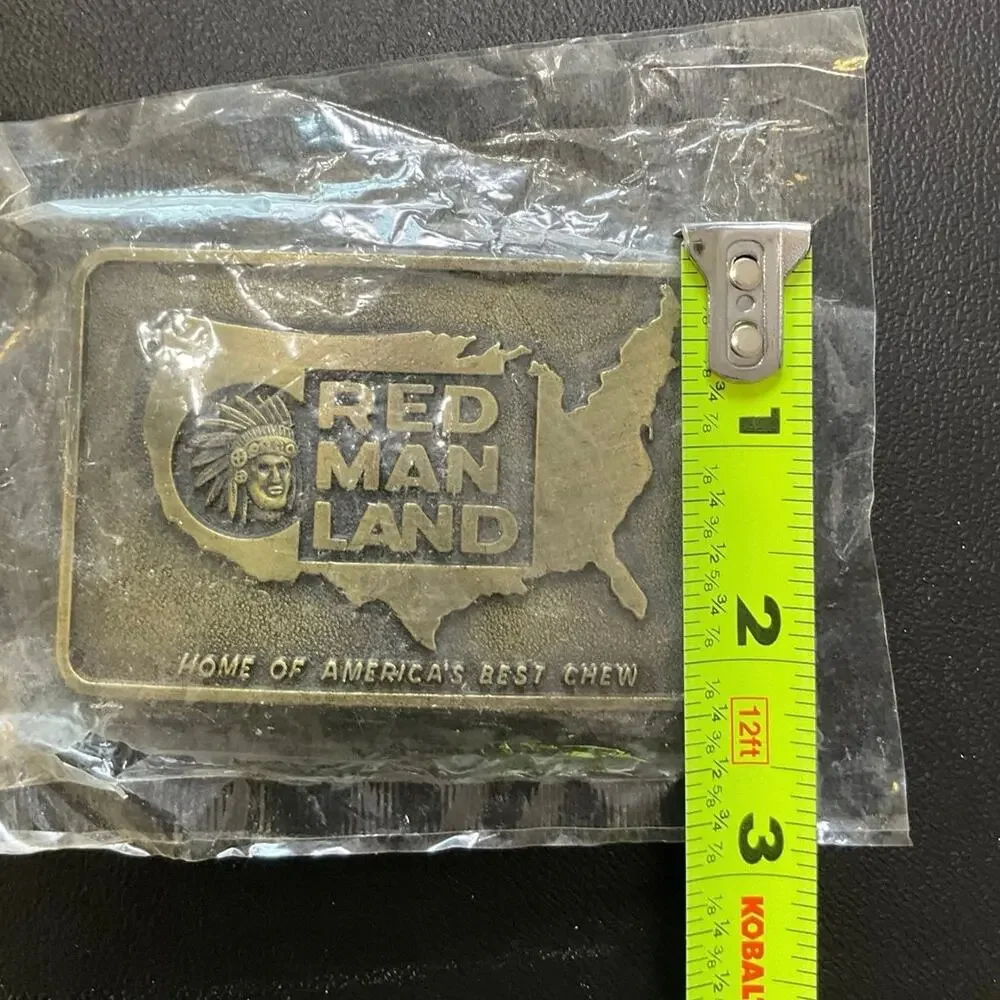 Vintage Red Man Land Brass Tone Belt Buckle Tobacco Americana USA Chew